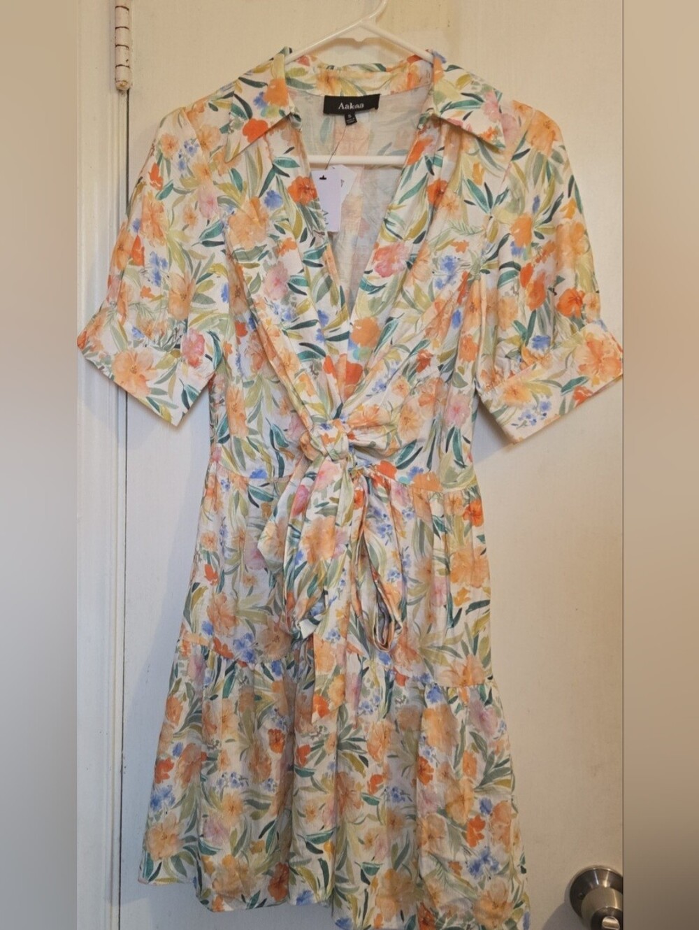 Aakaa Cream Floral Tie-Front Dress with Orange & Green Accents